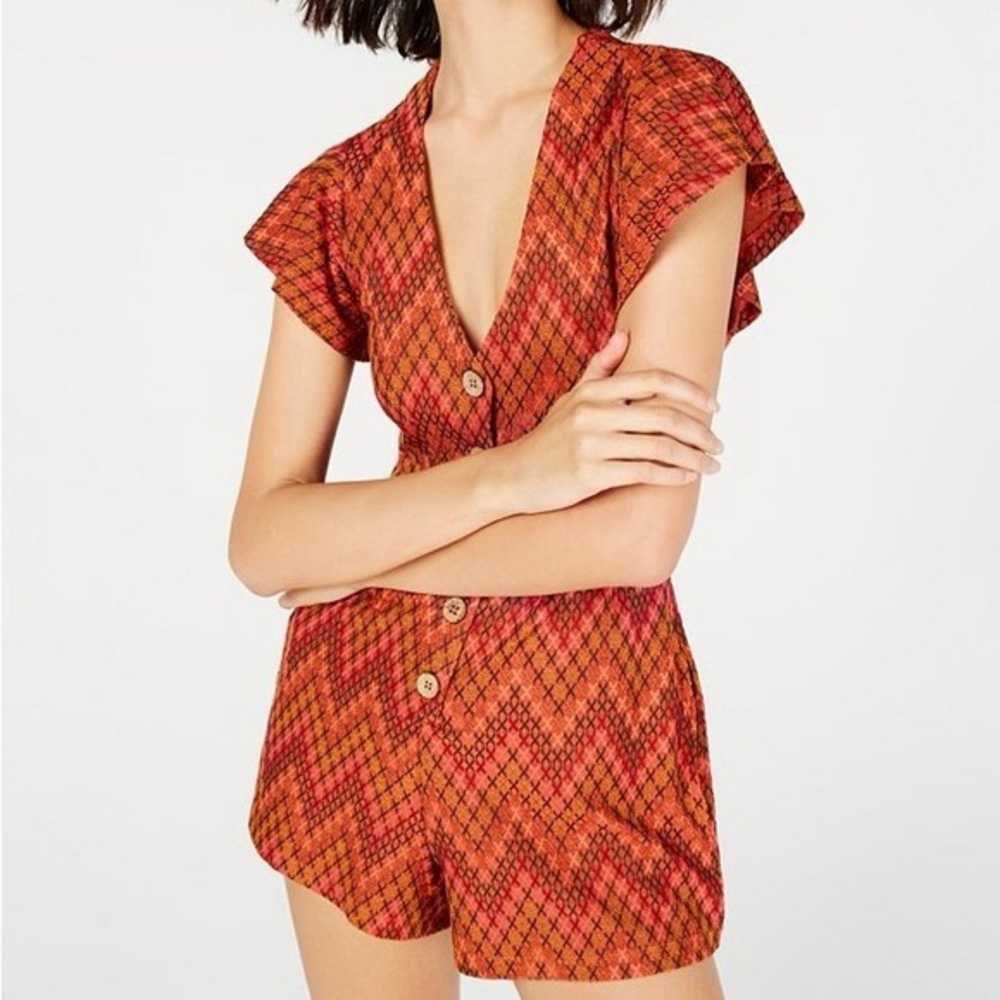 Free People Phoenix Playsuit Romper XS Boho Geo Button Front Pockets Orange